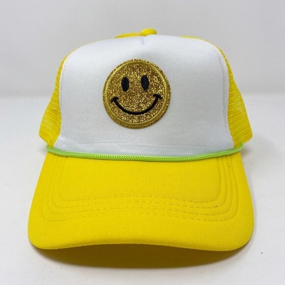 Yellow White Smiley Face Retro Trucker Snapback Hat Cap - Picture 6 of 15